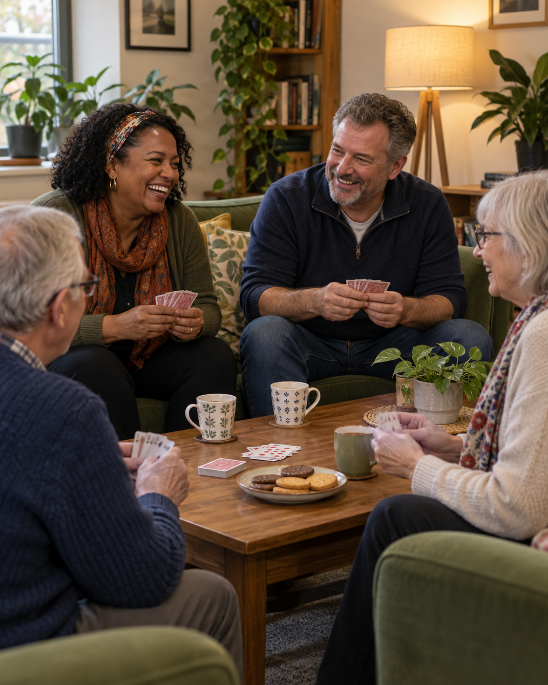 Illustrative image of middle-aged and older adults enjoying cards and tea in a relaxed community lounge